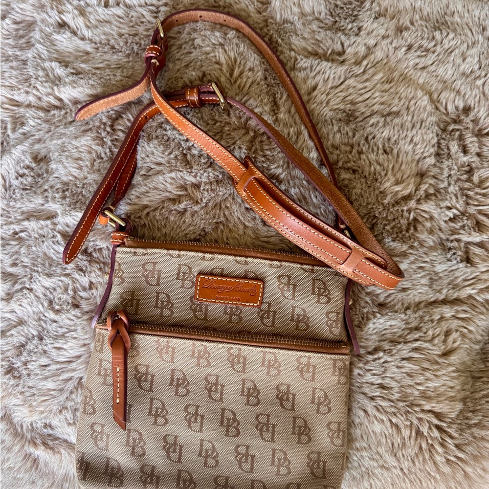 Dooney & Bourke Signature Print & Cognac Leather Crossbody Purse